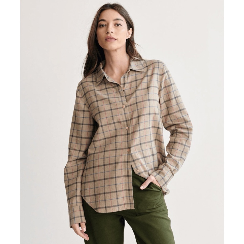 Jenni Kayne Lightweight Flannel (Sz S) Cotton Button Down Shirt Taupe Plaid